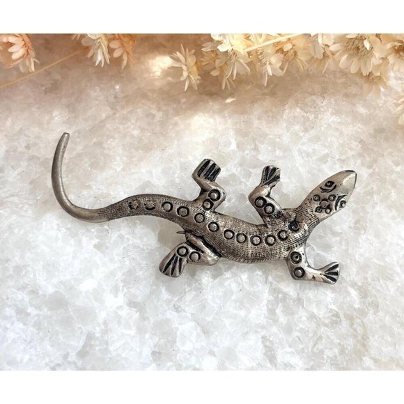 Lizard Figural Textured Large Peruvian Made Sterling Silver Vintage Brooch - Picture 1 of 9